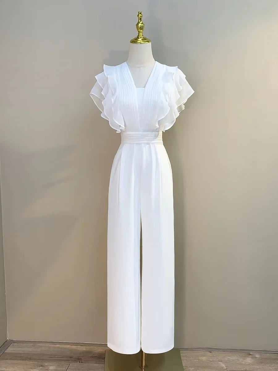 Women's Jumpsuit - V-Neck Pleated Top - Ruched Sleeves - Wide Leg Pants