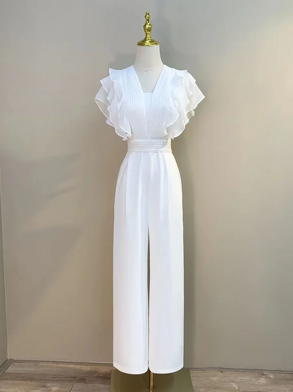 Women's Jumpsuit - V-Neck Pleated Top - Ruched Sleeves - Wide Leg Pants