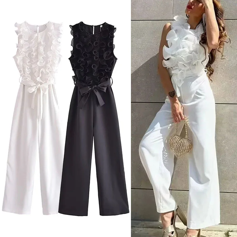 Women's Jumpsuit - Sleeveless Top with Voluminous Ruffles - High-Waisted Wide Pants