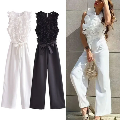 Women's Jumpsuit - Sleeveless Top with Voluminous Ruffles - High-Waisted Wide Pants