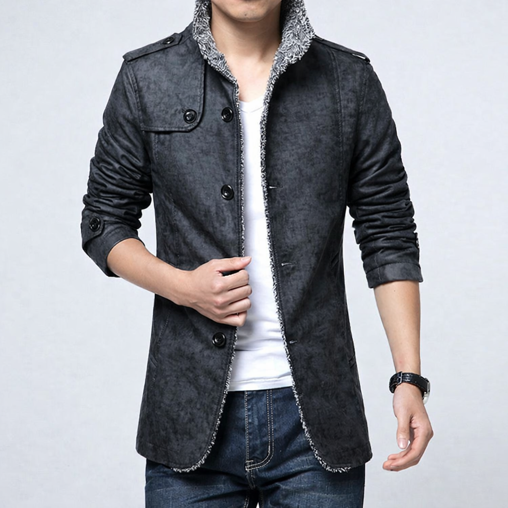 Men’s Leather Jacket – Slim Fit – Stand Collar – Button Front Design