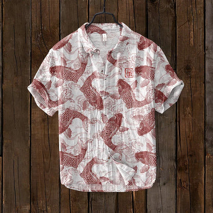 Men's Shirt – Relaxed Fit – Breathable Linen Blend – Fish Motif Print