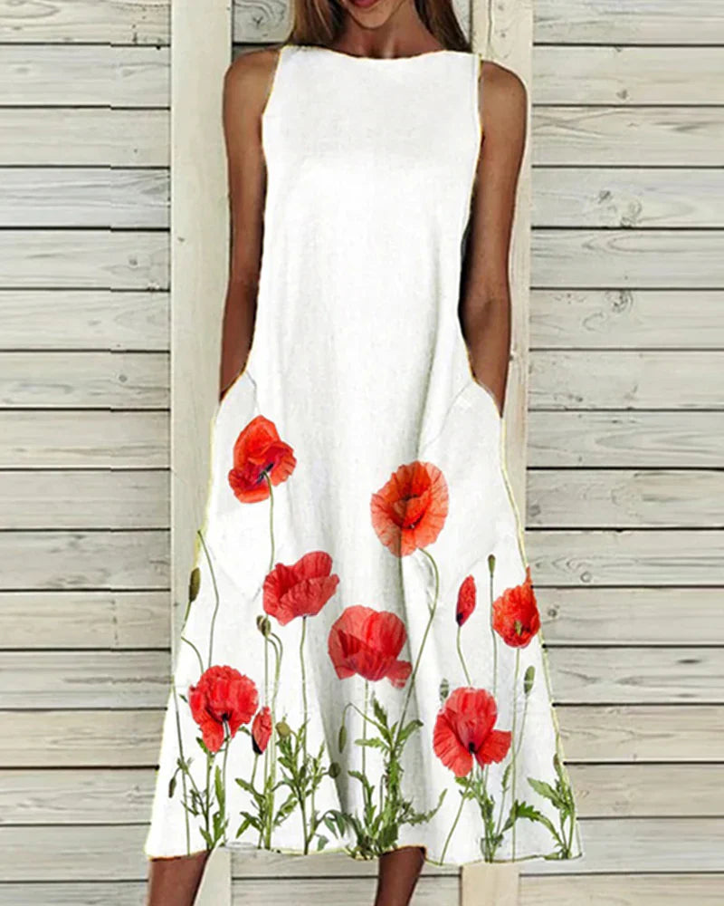 Dress for Women – Sleeveless Midi – A-line Fit – Breathable with Floral Print – With Pockets