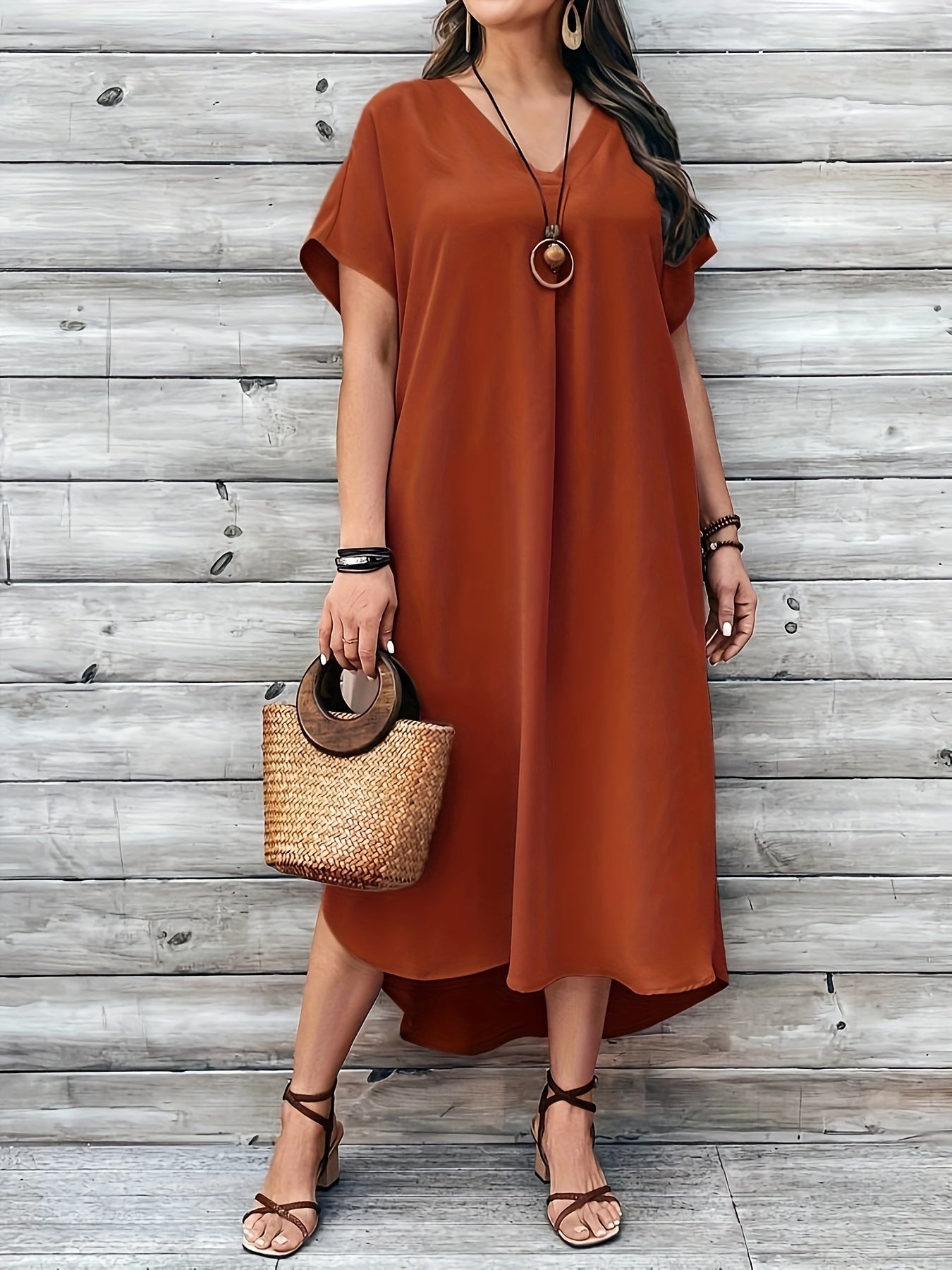 Women's Dress - Loose Fit - V-neck - Short Sleeves - Asymmetric Hem - Light and Airy