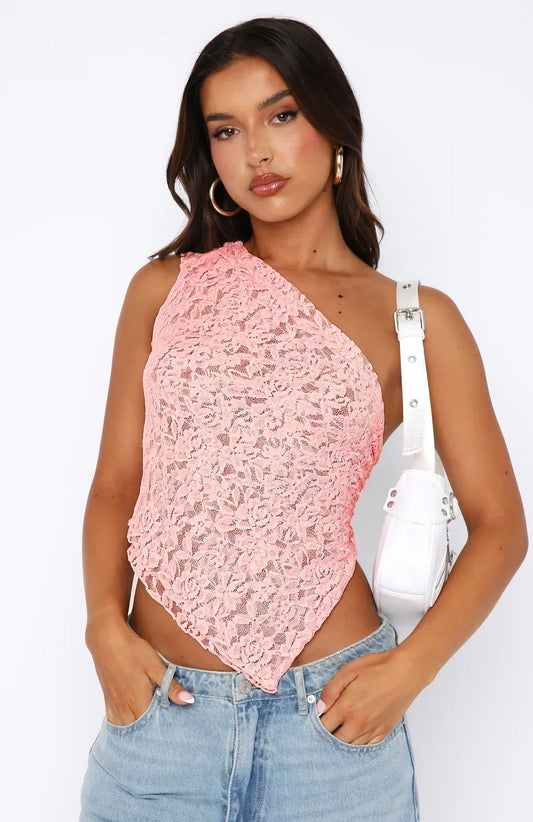 Women's Lace Blouse – Tailored Fit – One Shoulder – Asymmetric Hem – Cropped Length