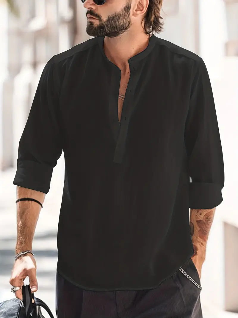 Men's Shirt with Long Sleeves – Relaxed Fit – Breathable – Mandarin Collar – Casual Look