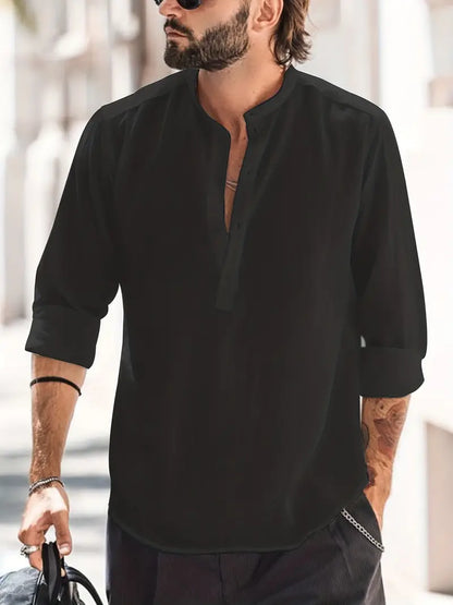 Men's Shirt with Long Sleeves – Relaxed Fit – Breathable – Mandarin Collar – Casual Look