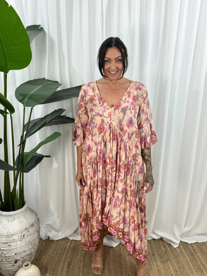 Dress for Women - Loose Fit - V-neck - Elbow-length Sleeves - Asymmetric Hem - Animal Print