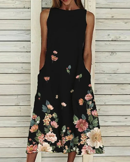 Dress for Women – Sleeveless Midi – A-line Fit – Breathable with Floral Print – With Pockets