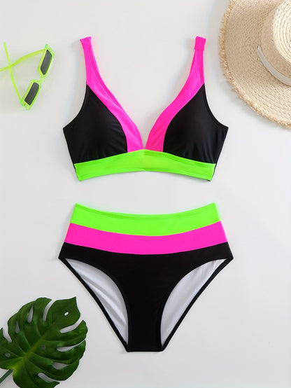 Women's Bikini – V-neck Top – Ruched Straps – High-waisted – Comfortable Fit