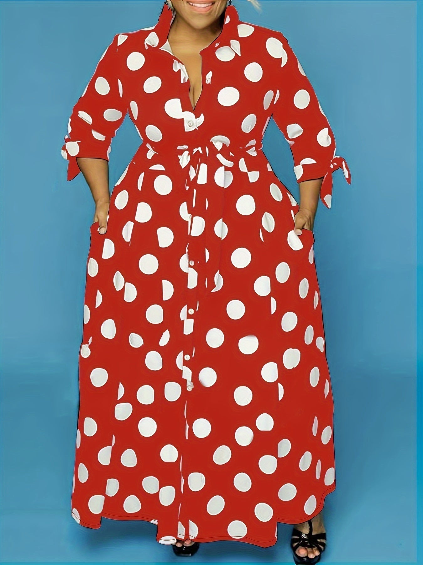 Women's Maxi Dress - Polka Dot Pattern - Button Closure - Waist Tie - 3/4 Sleeves