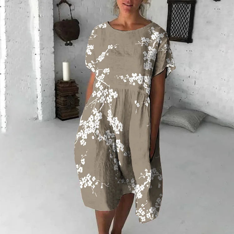 Women's Midi Dress – Loose Fit – Soft Breathable Fabric – Short Sleeve – Floral Print