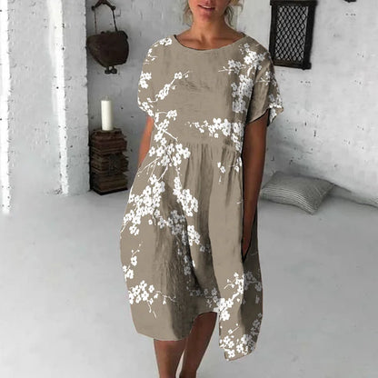 Women's Midi Dress – Loose Fit – Soft Breathable Fabric – Short Sleeve – Floral Print