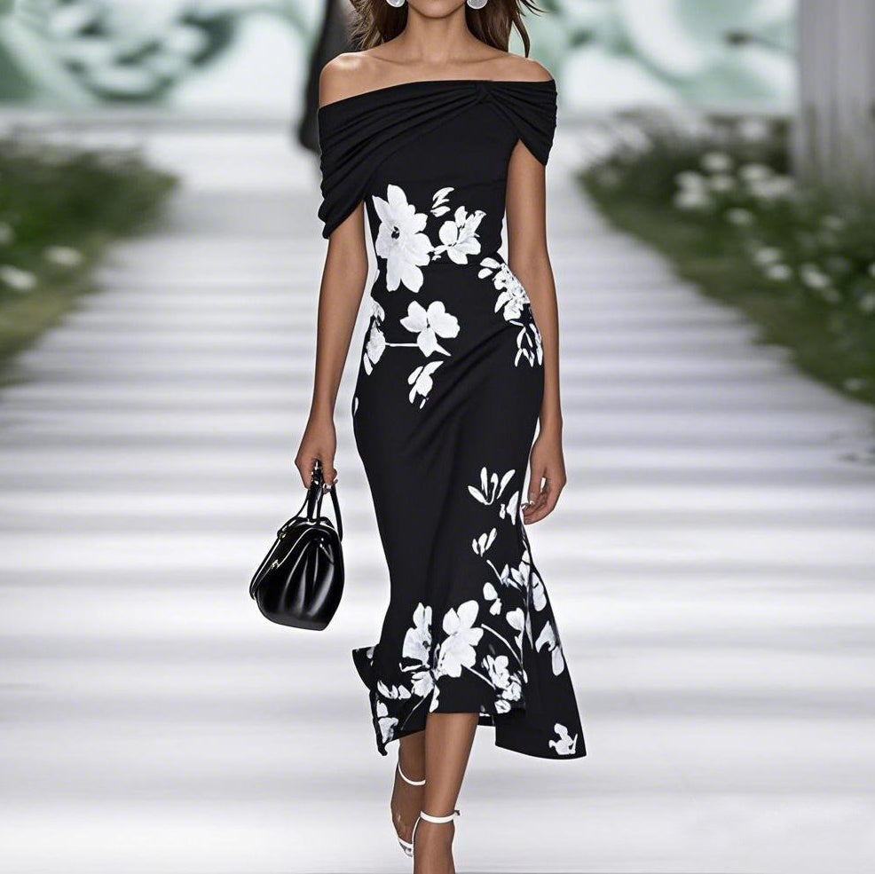 Women's Midi Dress – Off Shoulder – Fitted Fit – Floral Print – Breathable Material