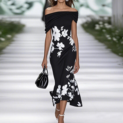 Women's Midi Dress – Off Shoulder – Fitted Fit – Floral Print – Breathable Material