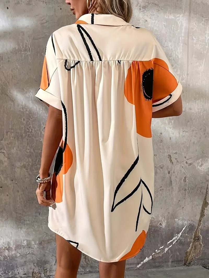 Women's Shirt Dress - Button Closure - Collar - Short Sleeve - Loose Fit - Casual Look