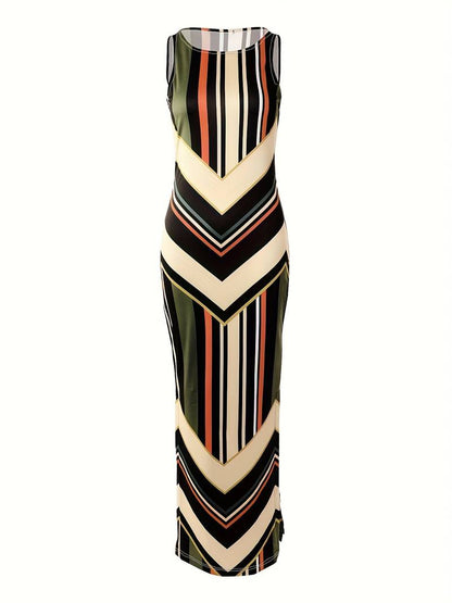 Dame Maxi Kjole - Ærmeløs - Høj Hals - Side Slids - Geometrisk Mønster