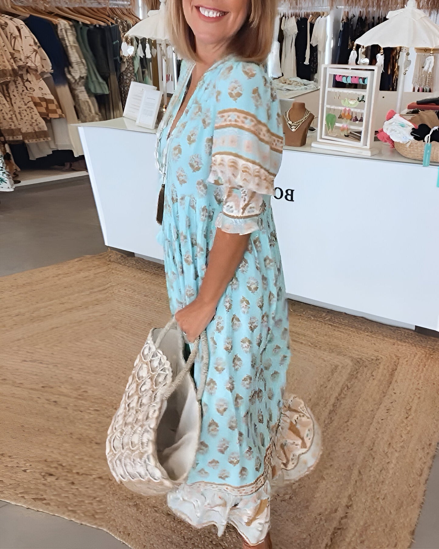 Maxi Dress for Women – V-Neck – Bohemian Floral – Airy Fit – Three-Quarter Sleeves