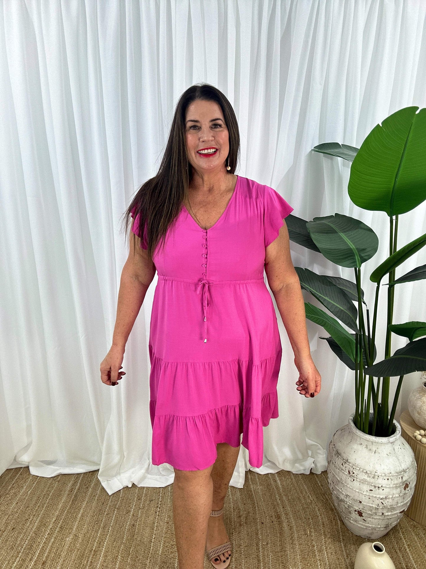 Women's Dress - V-neck - Button Closure - Adjustable Waist - Short Sleeves - Loose Fit