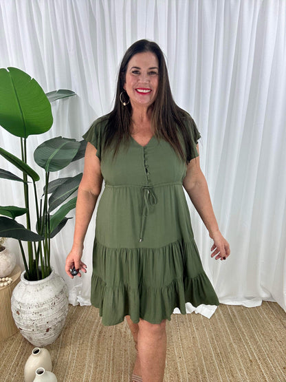 Women's Dress - V-neck - Button Closure - Adjustable Waist - Short Sleeves - Loose Fit