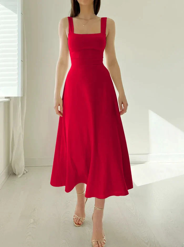 Women's Dress - Sleeveless Midi - Square Neckline - A-line Elegant Fit