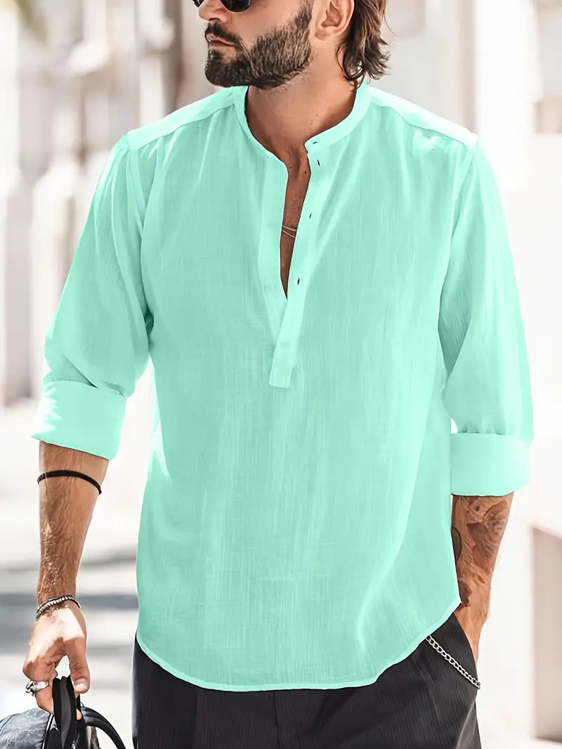 Men's Shirt with Long Sleeves – Relaxed Fit – Breathable – Mandarin Collar – Casual Look