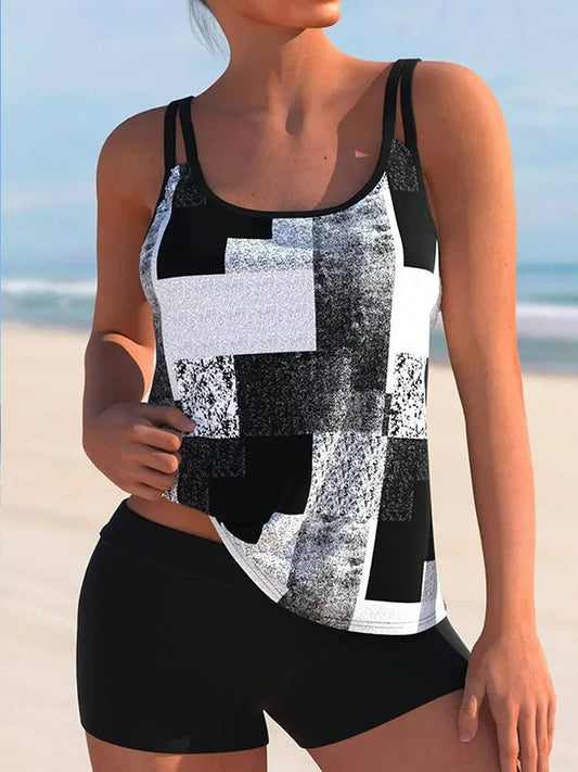 Women's Tankini Top – Relaxed Fit – Double Strap – Geometric Print – Breathable Quality
