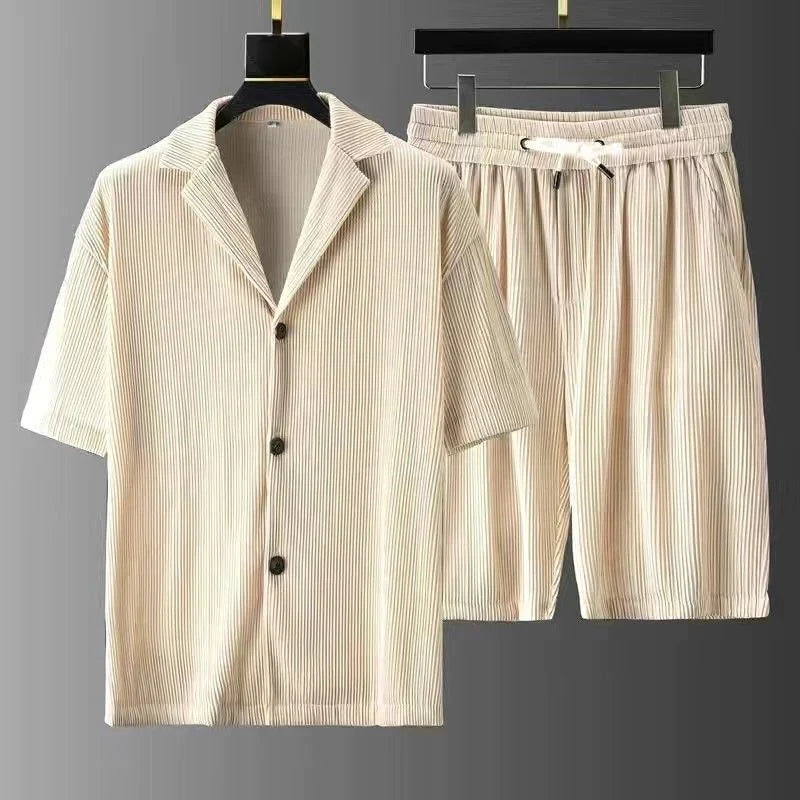 Men's Set with Polo and Shorts – Relaxed Fit – Soft Rib Texture – Adjustable Waist