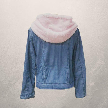 Dame Denim Jakke - Foret med Blød Fuskepels - Klassisk Design med Hætte og Lommer
