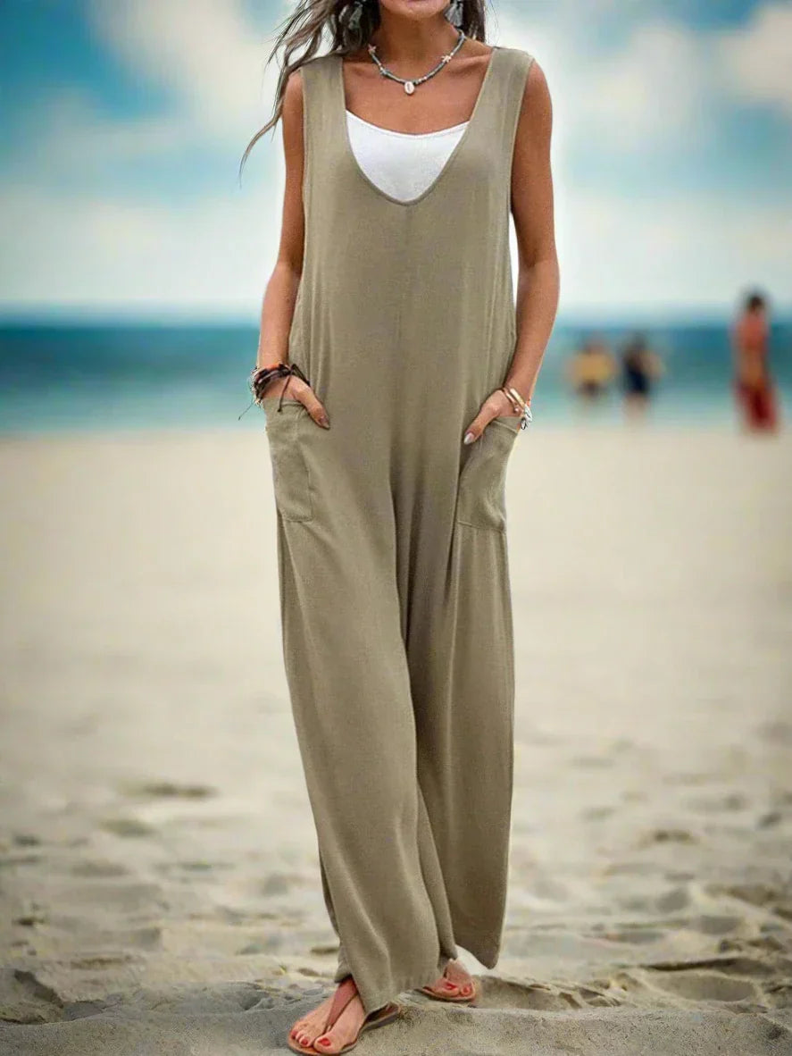 Women's Jumpsuit - Sleeveless - V-neck - Loose Fit - Wide Legs - Casual Comfort