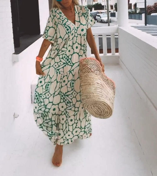 Women's Maxi Dress - Loose Fit - Short Sleeves - V-neck - Floral Pattern