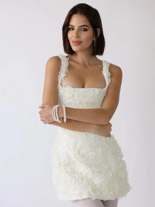 Dress for Women – Fitted Mini Dress – 3D Floral Texture – Corset Bodice – Adjustable Straps