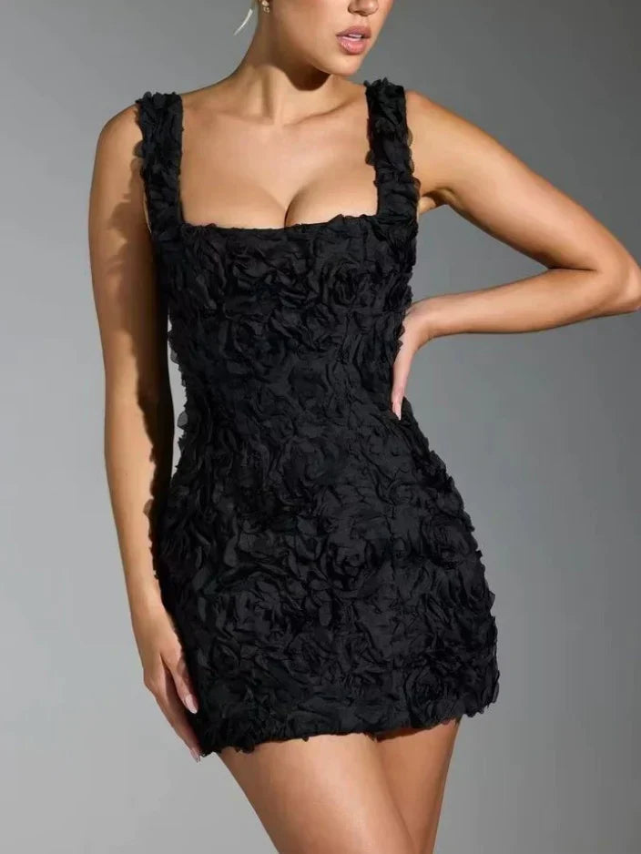 Dress for Women – Fitted Mini Dress – 3D Floral Texture – Corset Bodice – Adjustable Straps