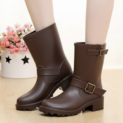 Women's Boots - Mid Calf - Chunky Heel - Buckle Strap