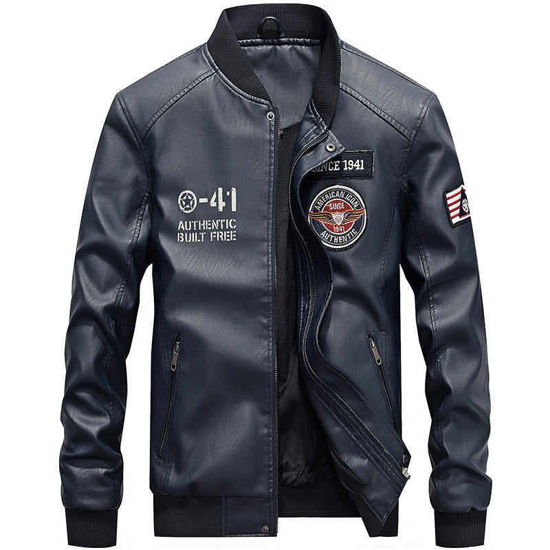 Men's Leather Jacket – Regular Fit – Embroidered Patches – Baseball Collar – Zipper Closure