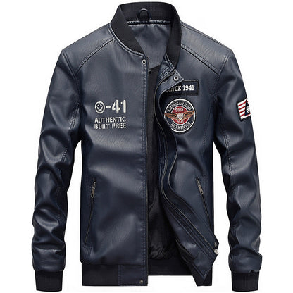 Men's Leather Jacket – Regular Fit – Embroidered Patches – Baseball Collar – Zipper Closure