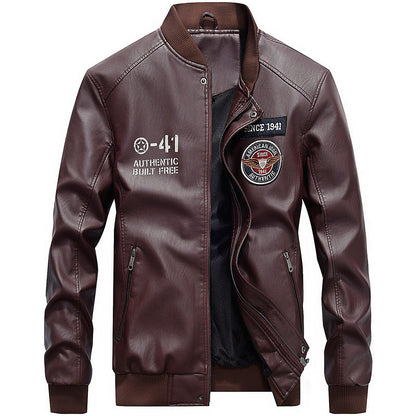 Men's Leather Jacket – Regular Fit – Embroidered Patches – Baseball Collar – Zipper Closure