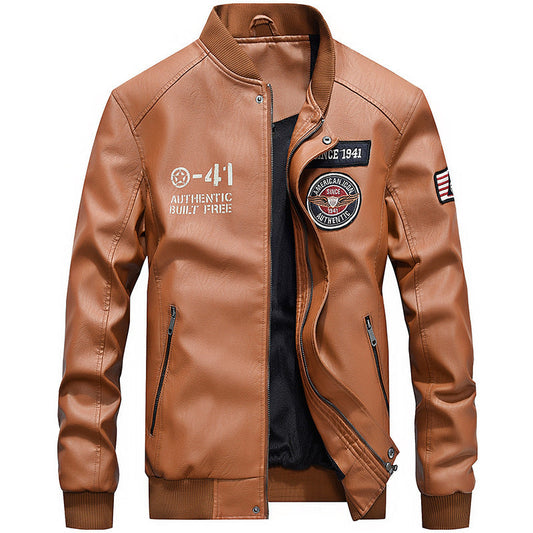 Men's Leather Jacket – Regular Fit – Embroidered Patches – Baseball Collar – Zipper Closure