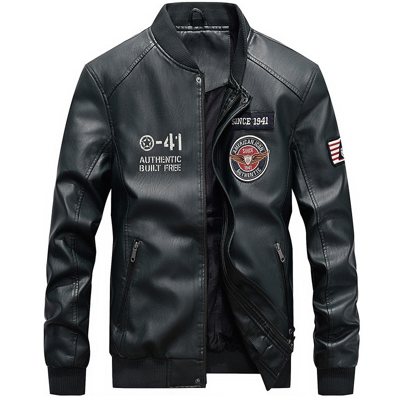 Men's Leather Jacket – Regular Fit – Embroidered Patches – Baseball Collar – Zipper Closure