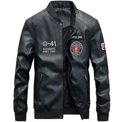 Men's Leather Jacket – Regular Fit – Embroidered Patches – Baseball Collar – Zipper Closure
