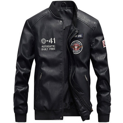 Men's Leather Jacket – Regular Fit – Embroidered Patches – Baseball Collar – Zipper Closure