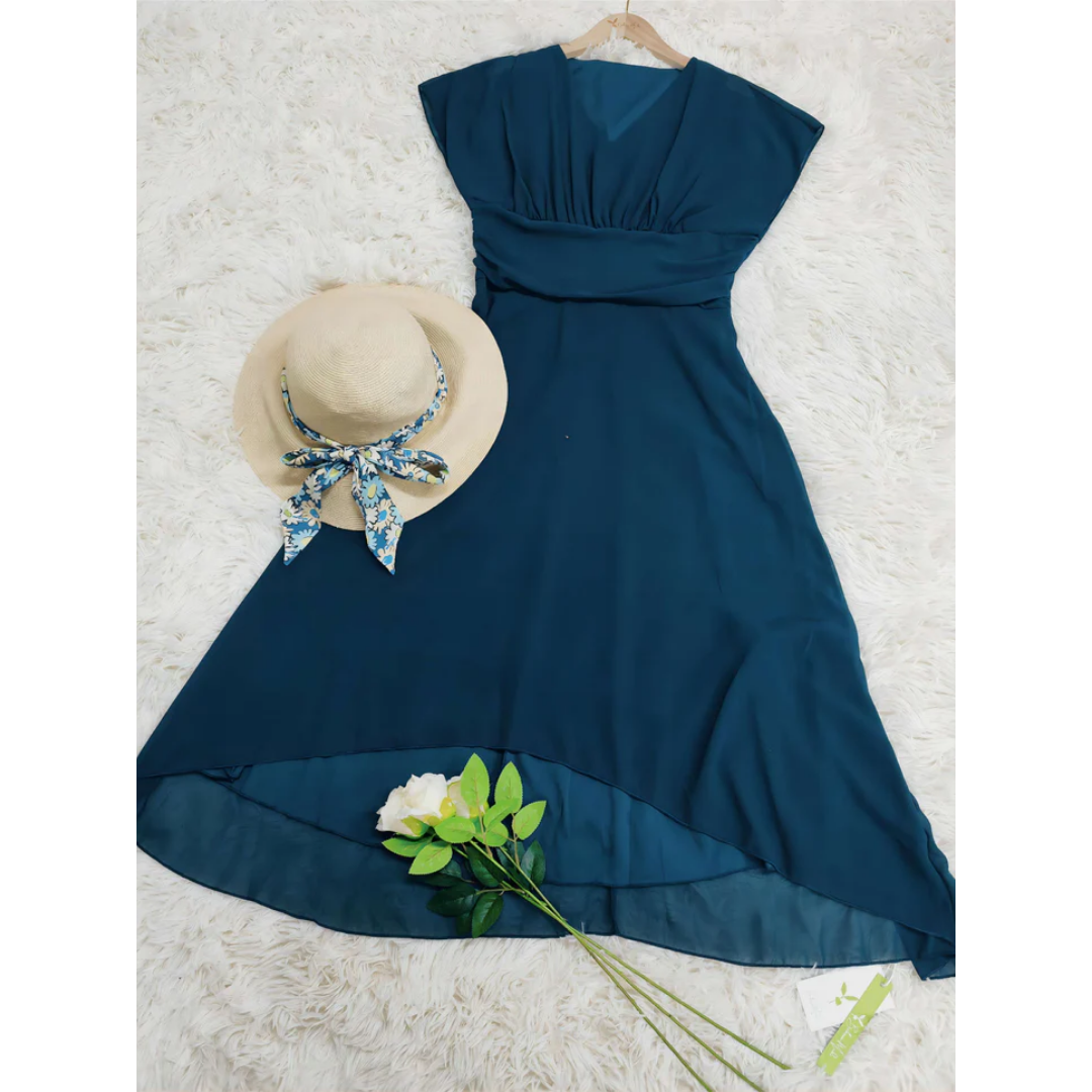 Women's Midi Dress – Loose Fit – V-Neck – Flutter Sleeves – Layered Asymmetric Hem