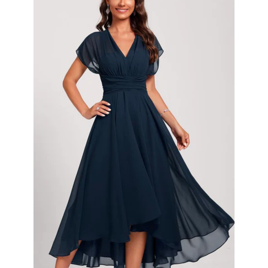 Women's Midi Dress – Loose Fit – V-Neck – Flutter Sleeves – Layered Asymmetric Hem
