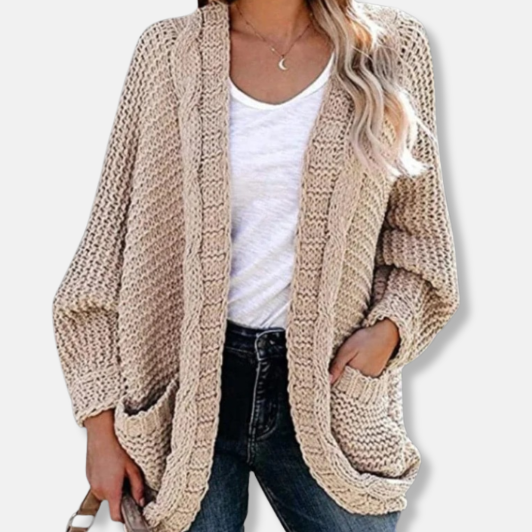 Isla Wool Oversized Cardigan | Ribbed Open Front Pockets Cardigan