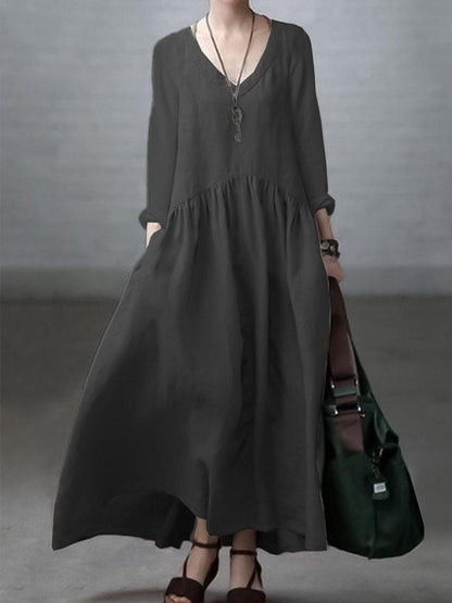 Dress for Women – Maxi – Relaxed Fit – V-Neck – Long Sleeves – Pockets
