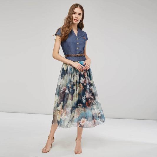 Dress for Women – Maxi – V-Neck – Button Closure – Braided Belt – Breathable Fabric