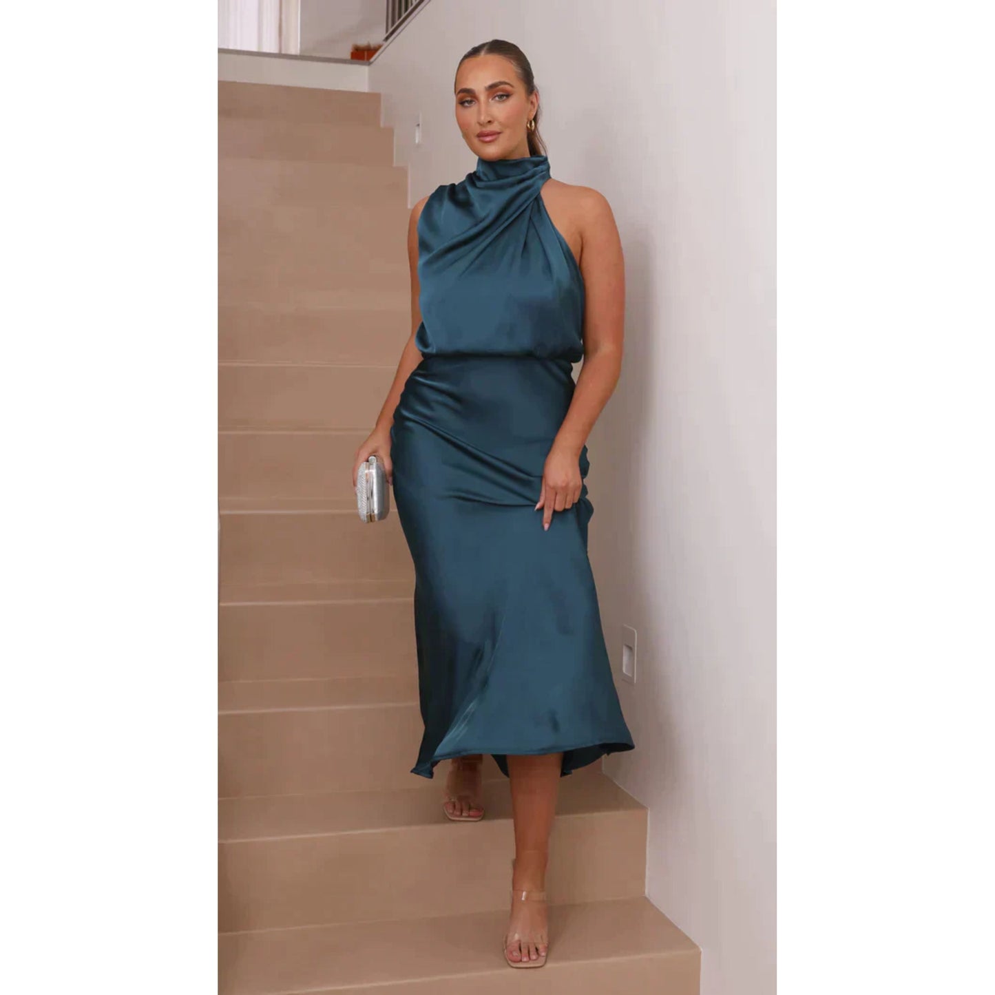 Fiene | Satin Halter Neck Midi Dress