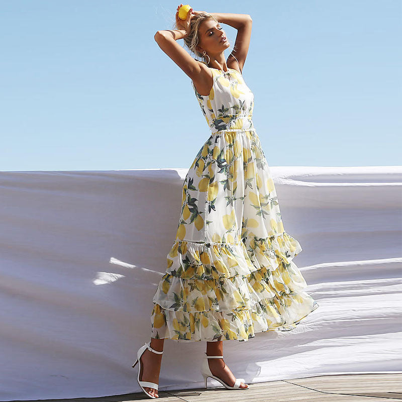 Dress for Women – Maxi Length – A-Line Fit – Sleeveless – Ruffle Details