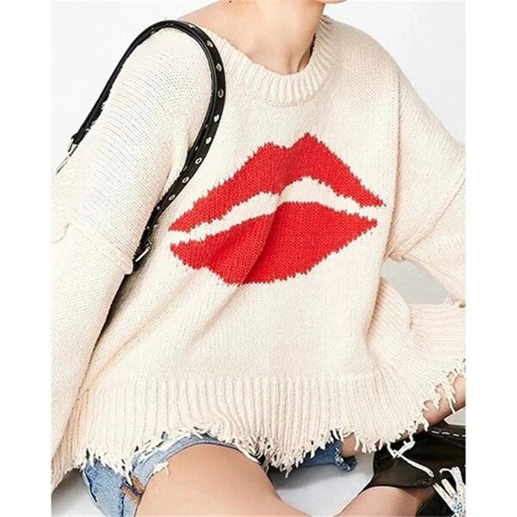Women's Sweater – Oversized Fit – Chunky Knit – Short Length – Fringed Edge – Graphic Print