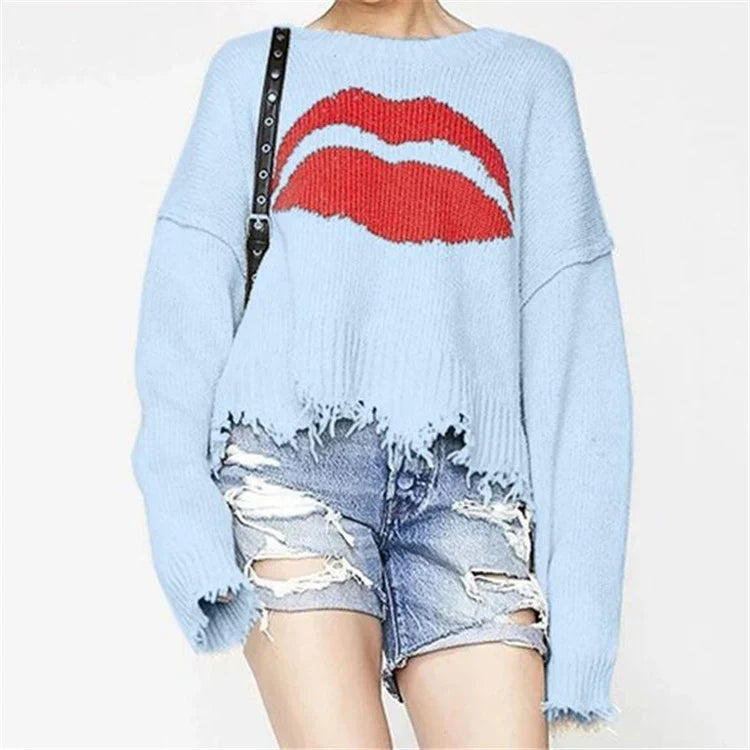 Women's Sweater – Oversized Fit – Chunky Knit – Short Length – Fringed Edge – Graphic Print